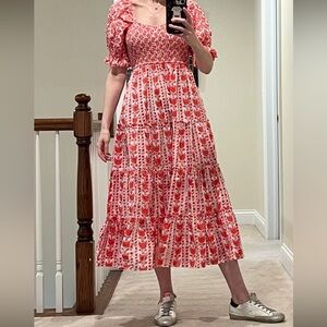 Pinky City Print Floral Red and Pink Midi Dress